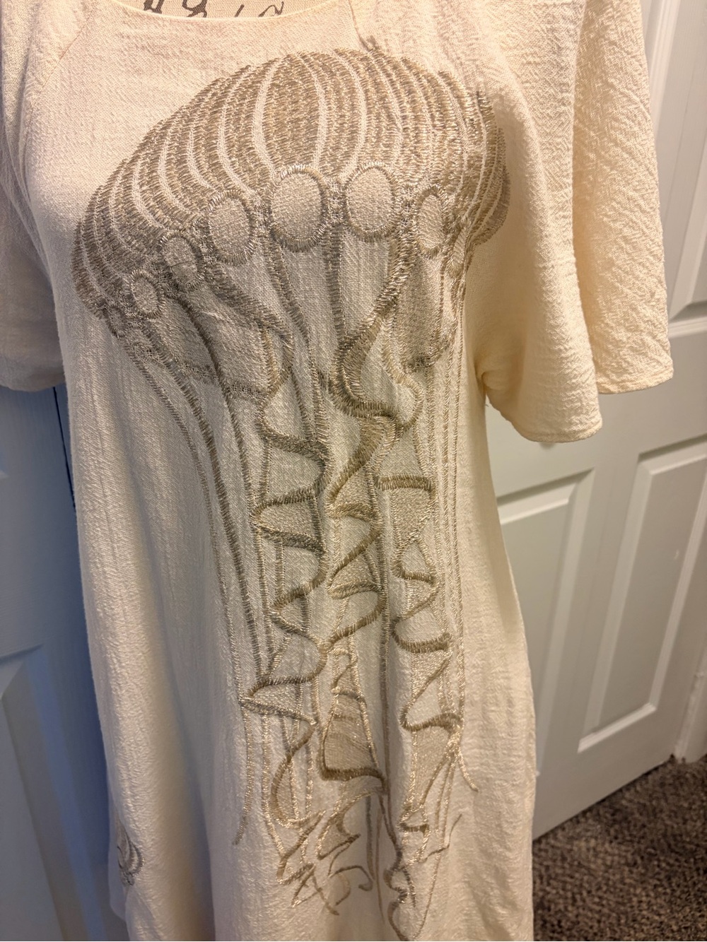 Cream Short-Sleeve Tunic Dress with Delicate Jellyfish Embroidery - Picture 3 of 5